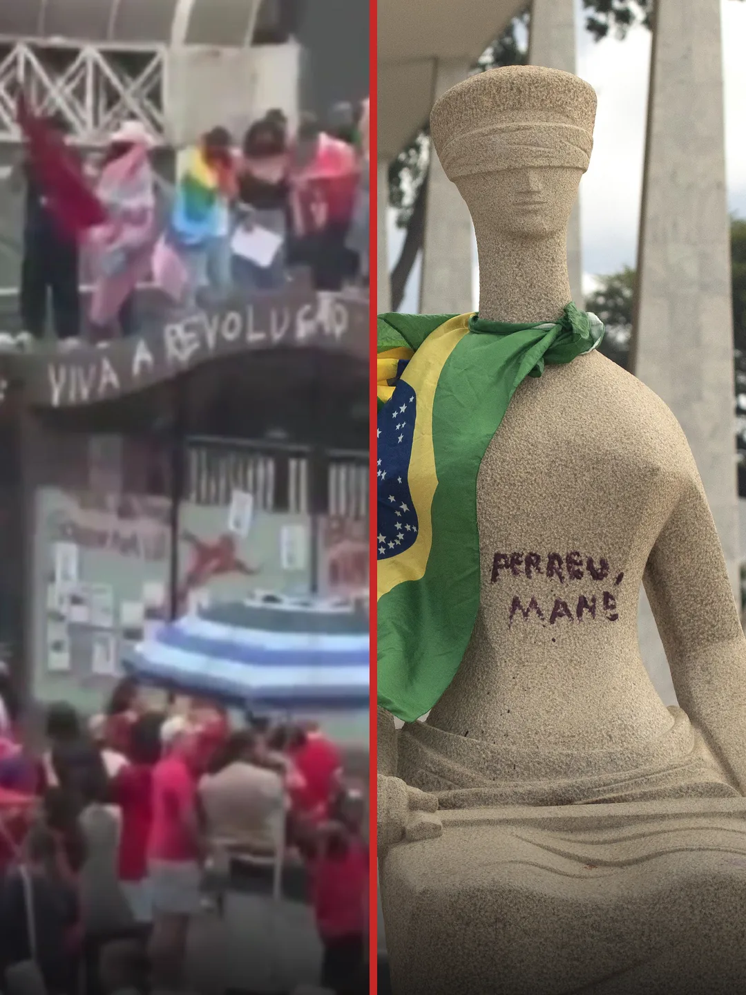 À esquerda, a estação Trianon-Masp no ato do Lula, 11/10/2026 (reprodução de vídeo, via ND+). À direita, a estátua A Justiça em 8/1/2023 (Joédson Alves/Agência Brasil)