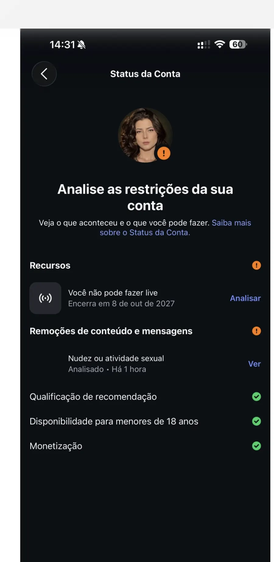 O Status da Conta de @kathzaparoli. Print enviado por ela