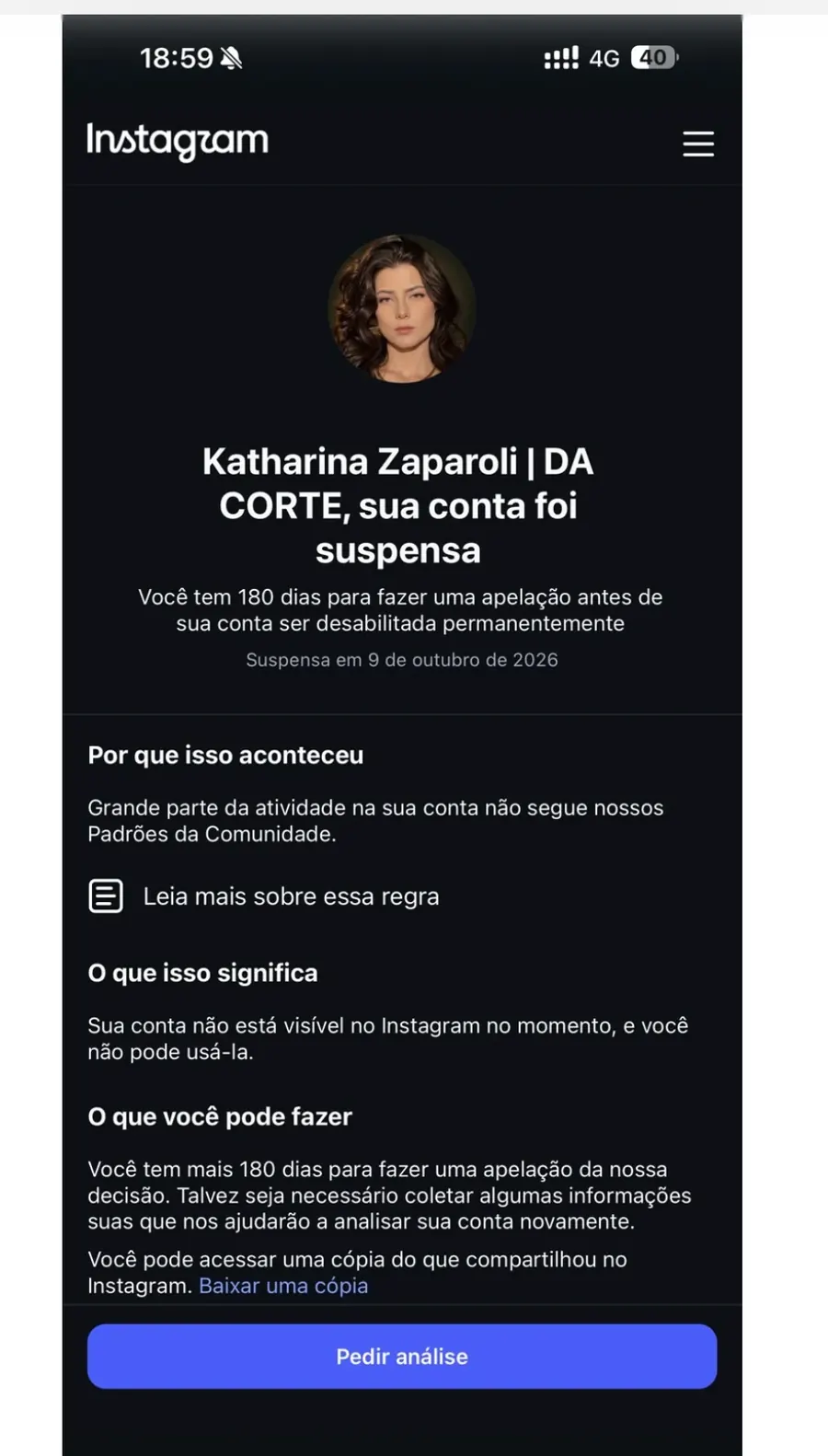 O aviso de suspensão de 9/10/2026. Print enviado por ela