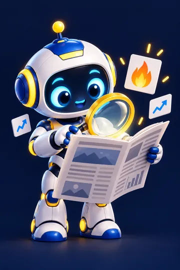 Robô ajudante com uma lupa lendo o jornal