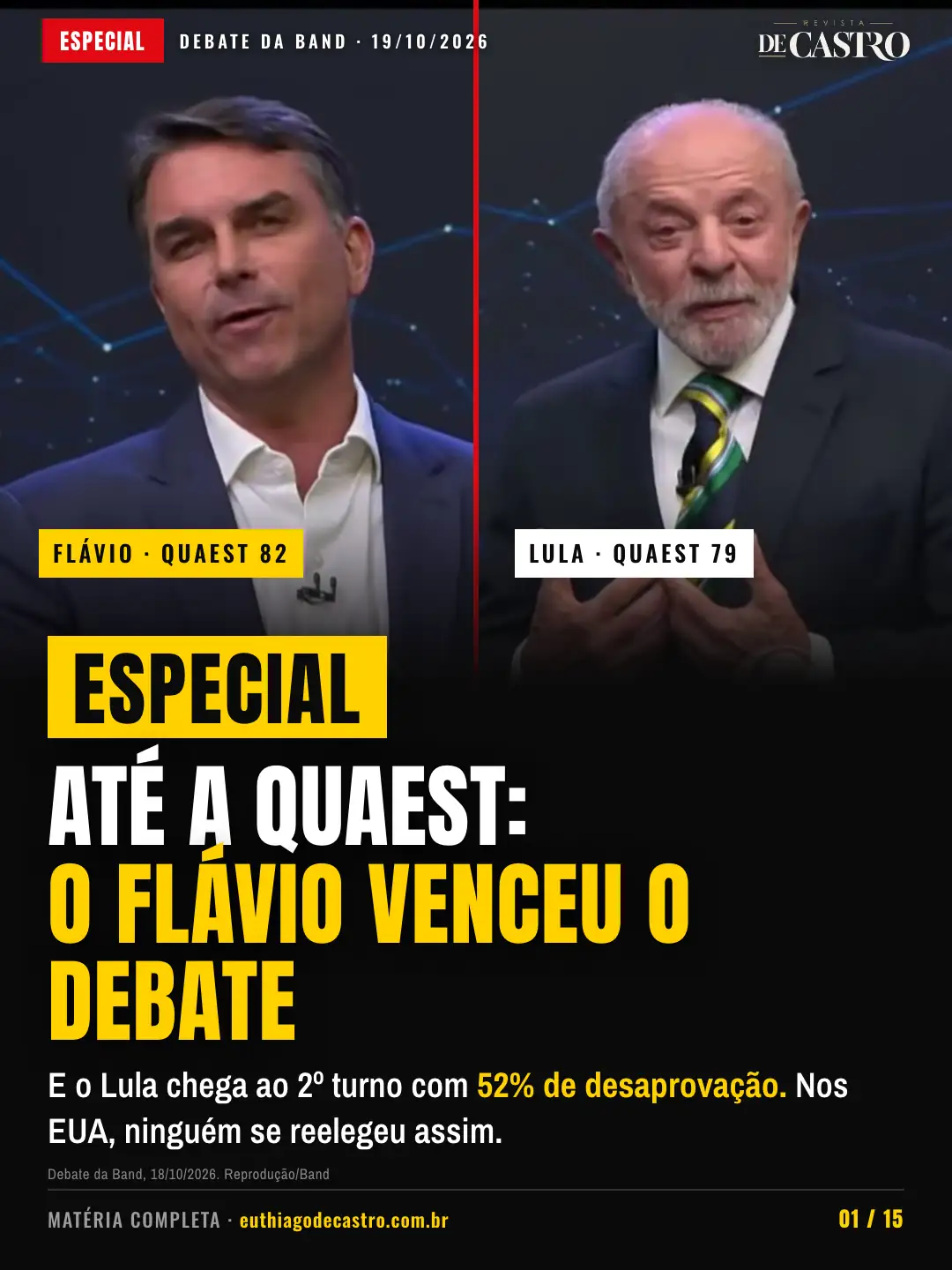 Flávio Bolsonaro e Lula no debate da Band, 18 de outubro de 2026. Reprodução/Band