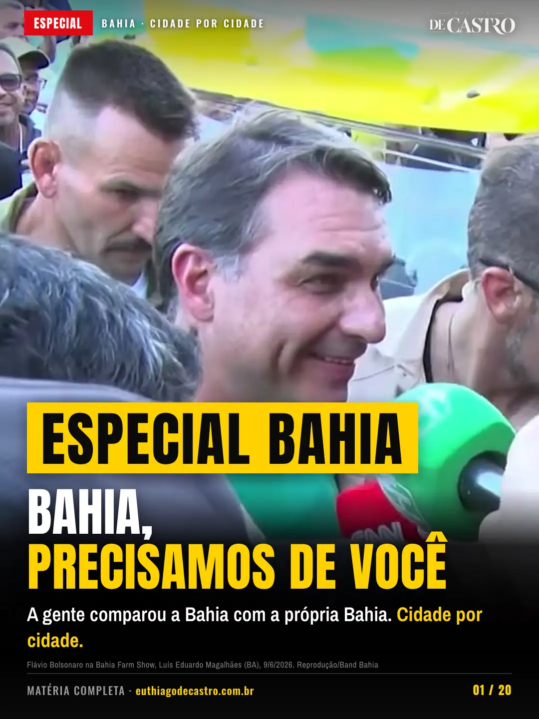 Flávio Bolsonaro com apoiadores na Bahia Farm Show, em Luís Eduardo Magalhães (BA), 9 de junho de 2026. Reprodução/Band Bahia