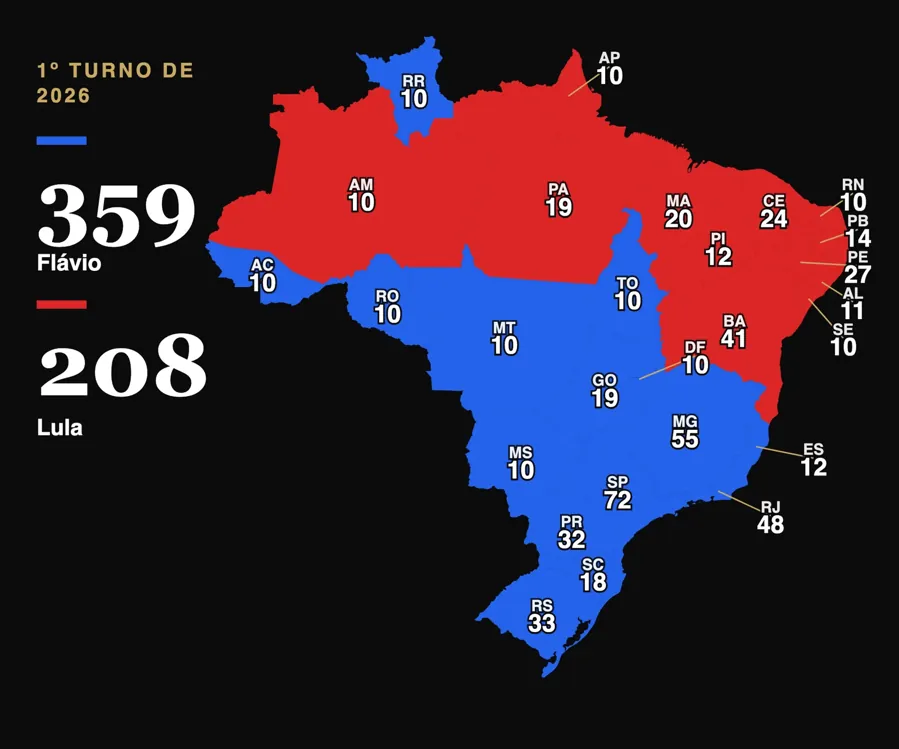 Quem venceu em cada estado no primeiro turno. Azul: Flávio. Vermelho: Lula. Fonte: TSE
