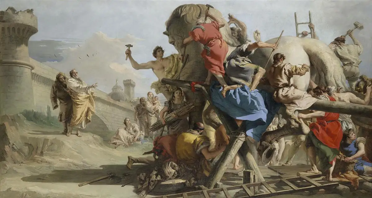 Pintura antiga mostrando operários construindo o enorme cavalo de madeira com andaimes e ferramentas