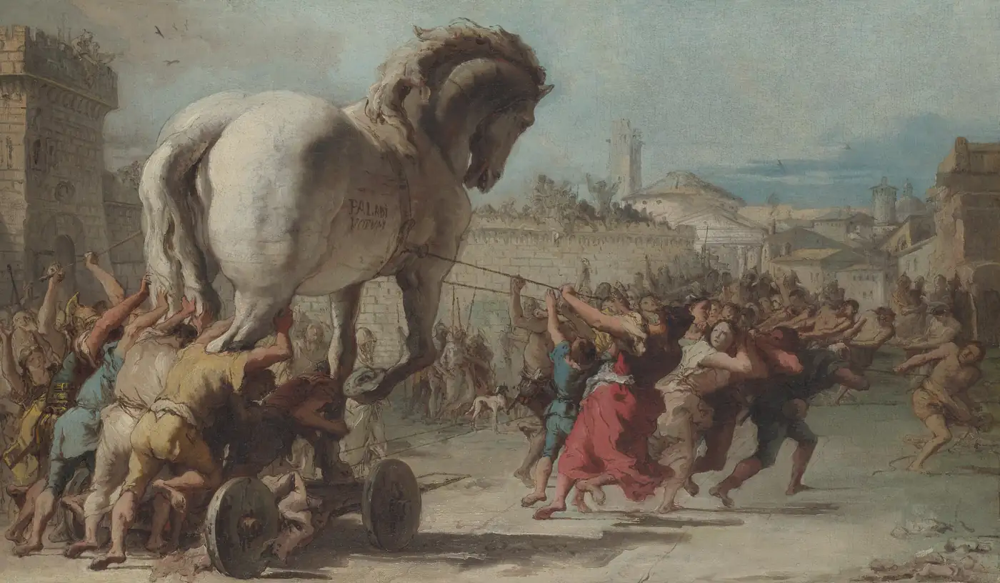 Pintura mostrando uma multidão puxando o cavalo de madeira em procissão para dentro da cidade, com gente festejando em volta
