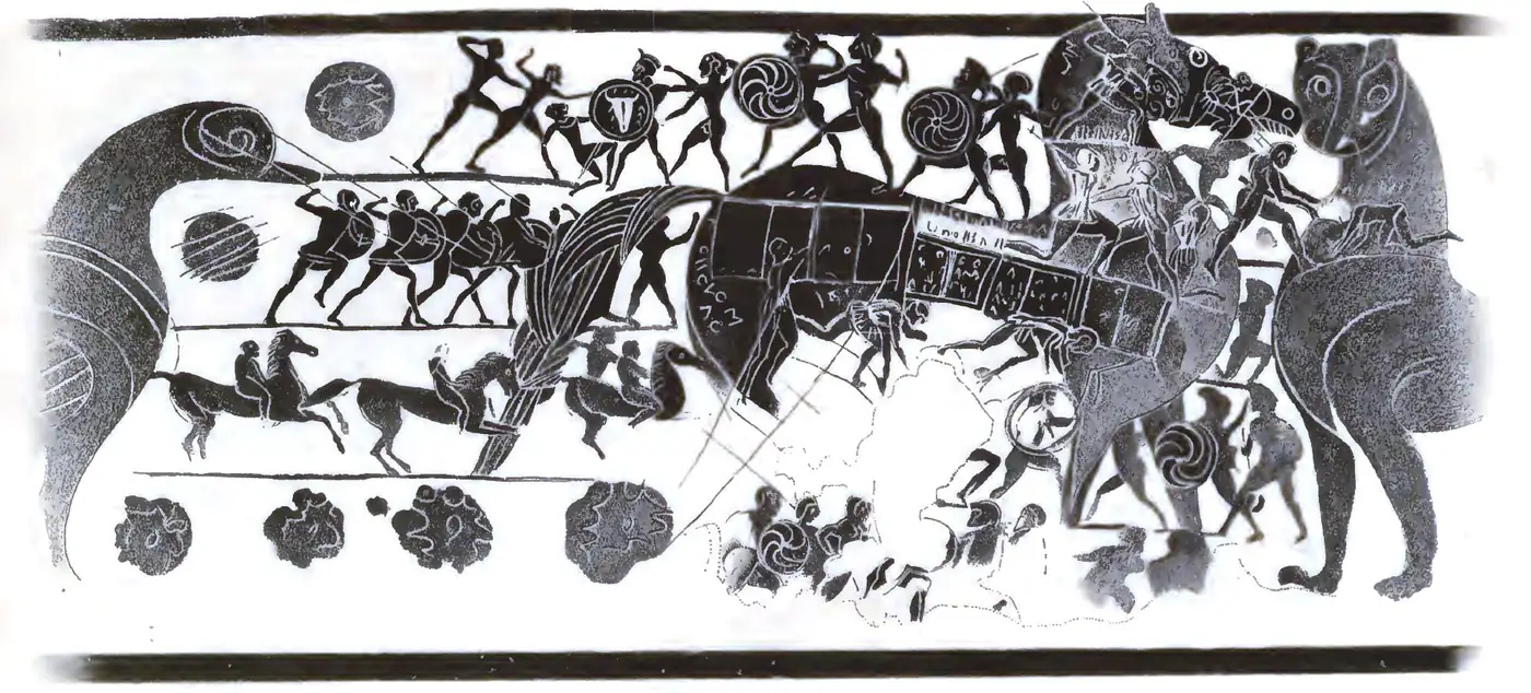 Vaso grego antigo com o desenho do cavalo de madeira sobre rodas, com portinholas na lateral e soldados visíveis dentro do corpo do cavalo