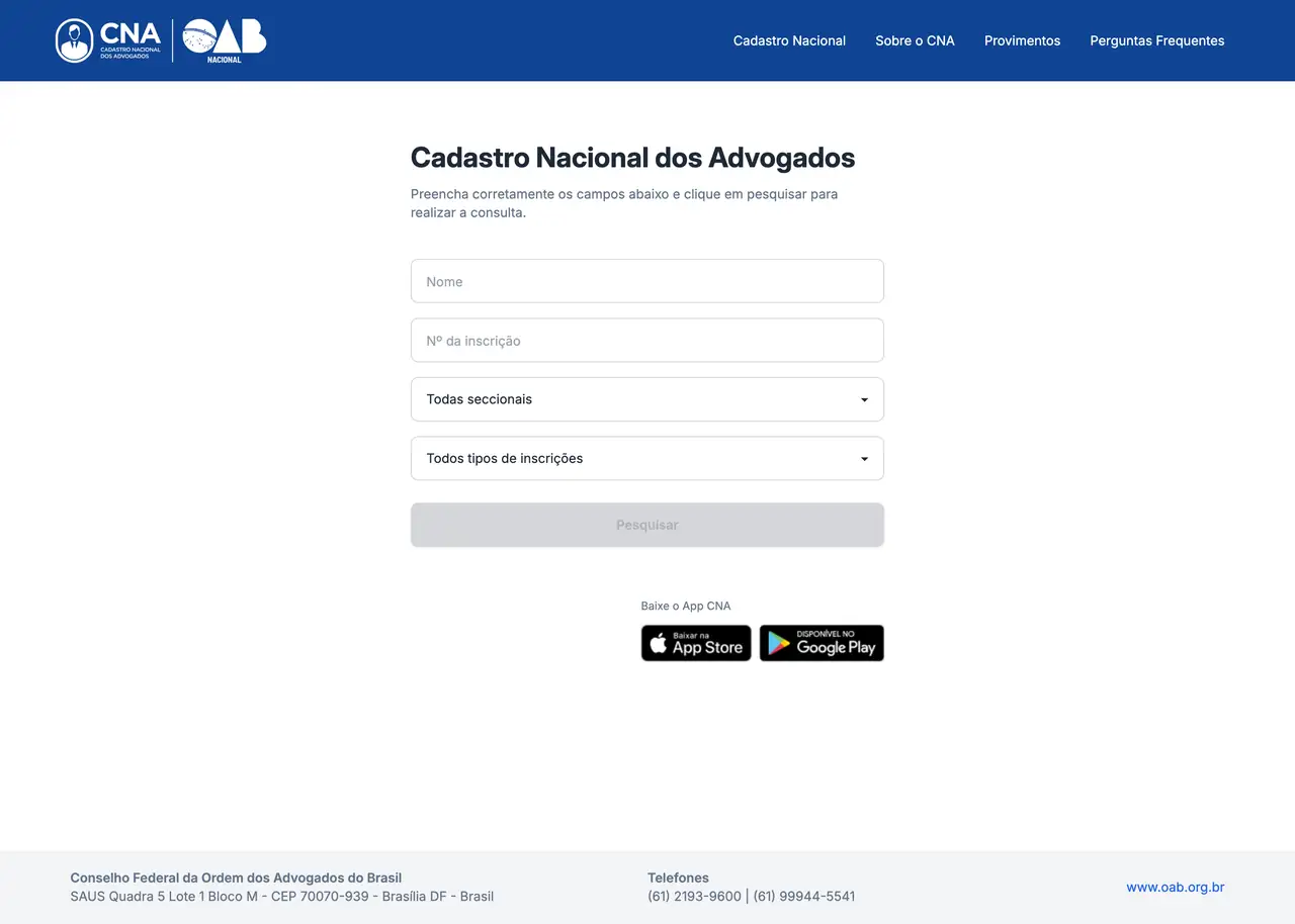 Tela do Cadastro Nacional dos Advogados da OAB, com os campos de nome, número de inscrição e seccional