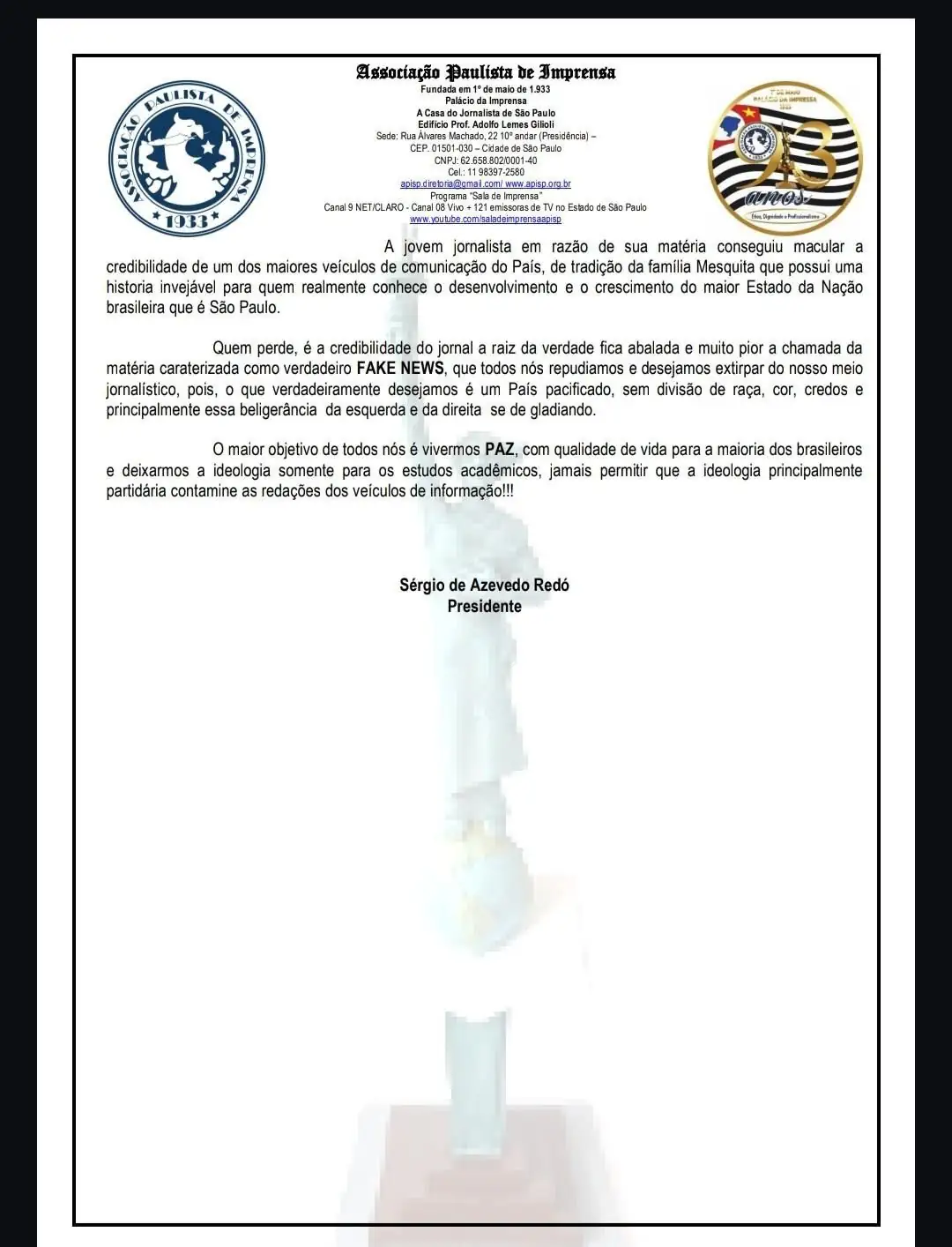 Nota de repúdio, página 2, com os três últimos parágrafos e o nome de Sérgio de Azevedo Redó, presidente