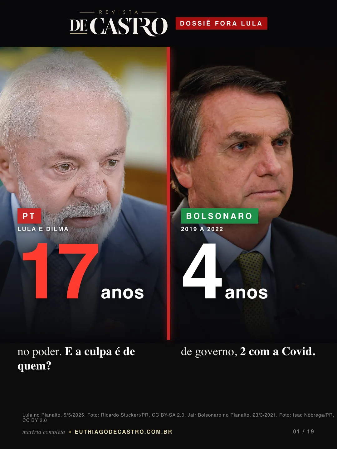 Lula, 5/5/2025: Ricardo Stuckert/PR, CC BY-SA 2.0. Bolsonaro, 23/3/2021: Palácio do Planalto, CC BY 2.0
