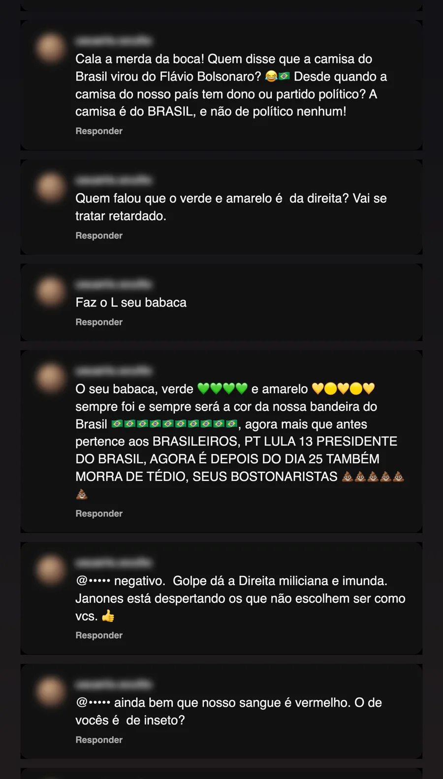 Comentários recebidos nos posts sobre o verde e amarelo, com o nome e a foto tampados