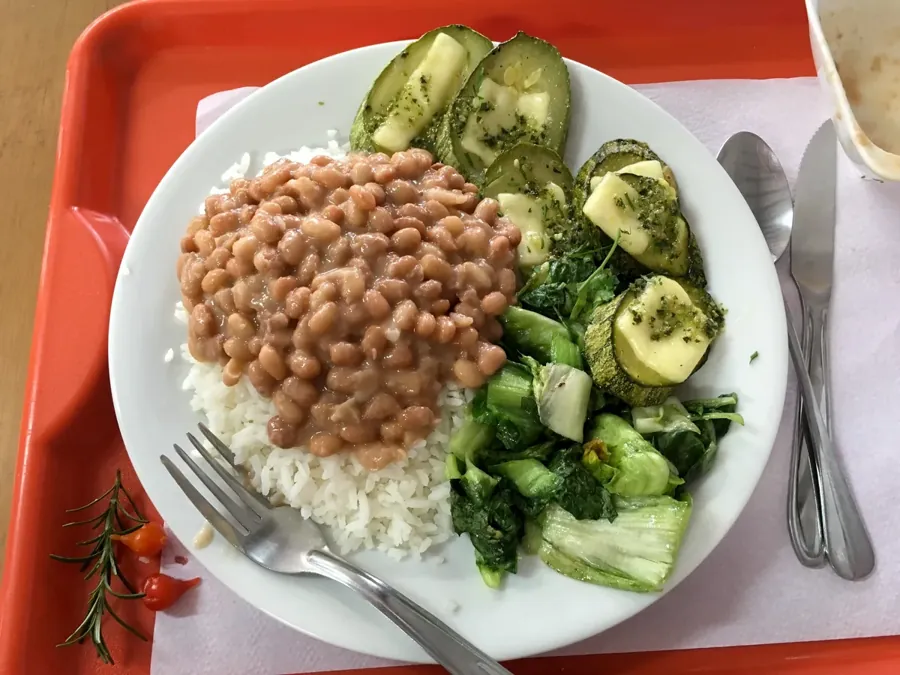 Prato feito com arroz, feijão e verduras numa bandeja
