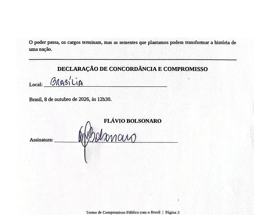 Termo de Compromisso Público com o Brasil, página 3, com a assinatura de Flávio Bolsonaro. Reprodução