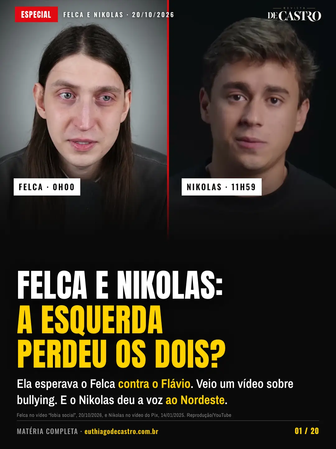 Felca no vídeo "fobia social", 20/10/2026, e Nikolas Ferreira no vídeo do Pix, 14/01/2025. Reprodução/YouTube