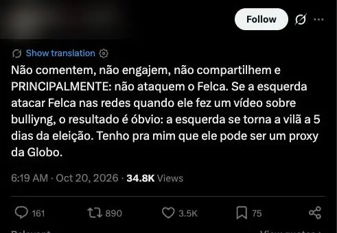 Post no X, 20/10/2026, 1h19 (horário de Brasília). Nome borrado pela revista
