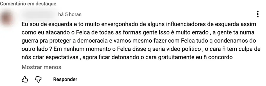 Comentário em destaque no vídeo do Felca, 20/10/2026. Nome borrado pela revista