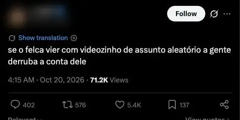 Post no X, 19/10/2026, 23h15 (horário de Brasília). Nome borrado pela revista