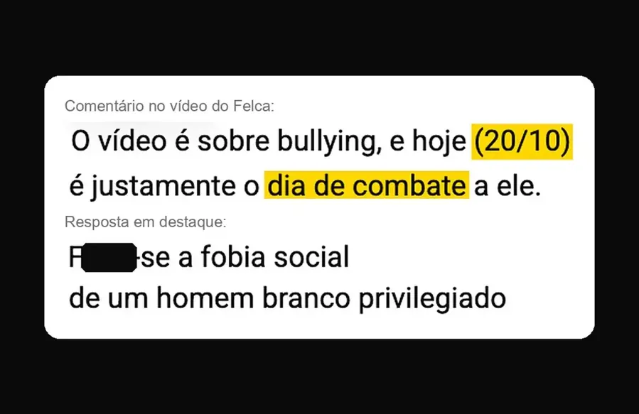 Comentário e resposta em destaque no vídeo do Felca, 20/10/2026. Nomes borrados e palavrão tampado pela revista