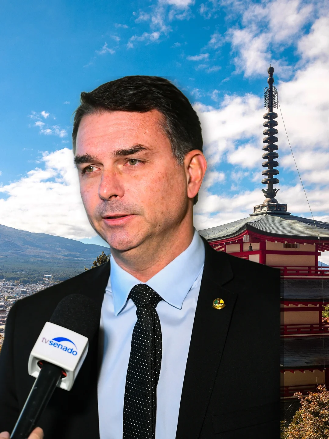Montagem: Flávio Bolsonaro (Carlos Moura/Agência Senado, CC BY 4.0) e o pagode Chureito, no Japão (Supanut Arunoprayote, CC BY 4.0)