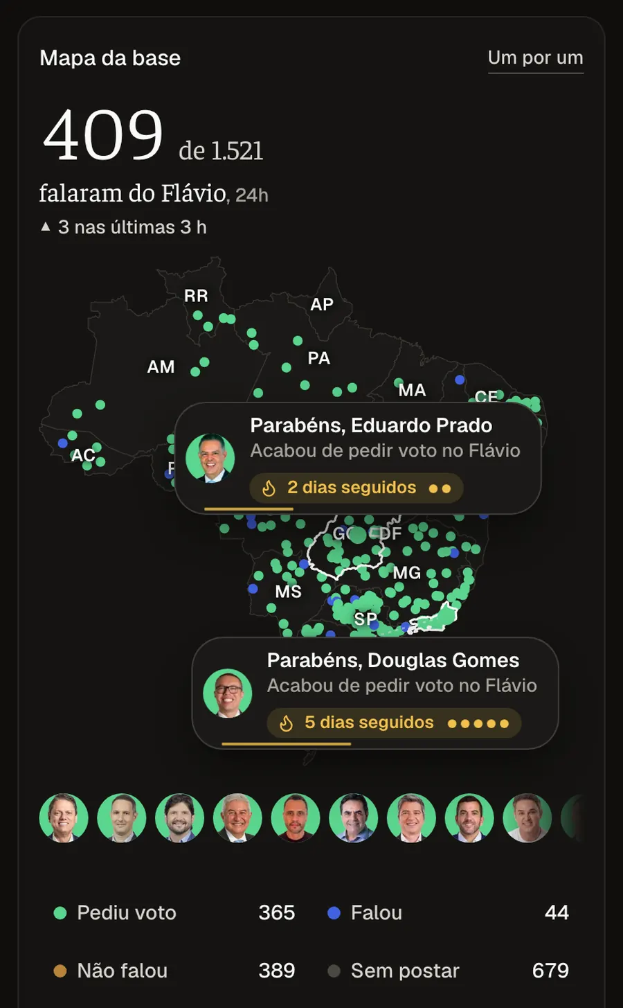 O mapa da base no Flaviômetro: cada ponto verde é um eleito que pediu voto para o Flávio. Print de flaviometro.com, 14/10/2026, 7h02