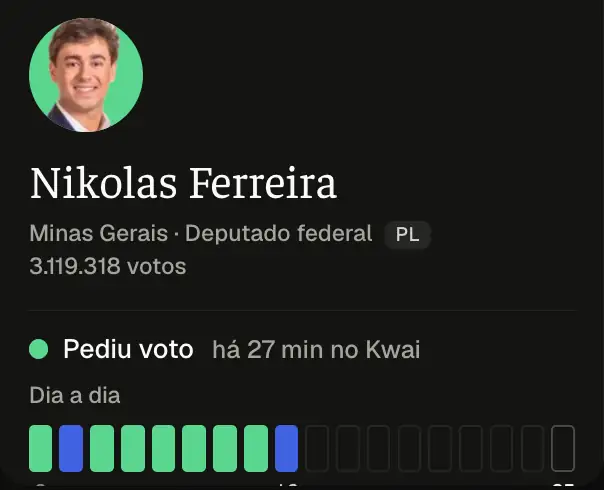 O cartão do Nikolas no Flaviômetro: um quadrado por dia desde 8/10, todos preenchidos. Print de flaviometro.com, 16/10/2026