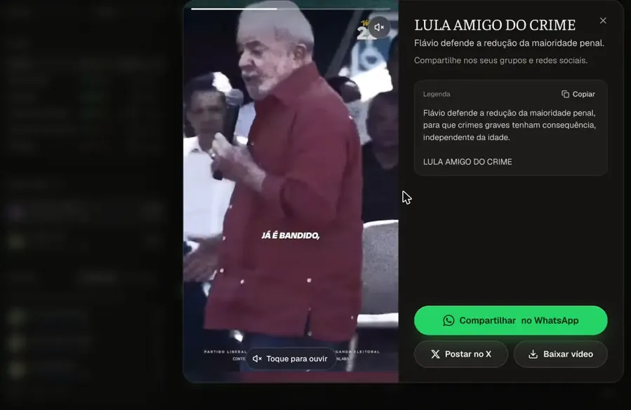 O vídeo para compartilhar no Flaviômetro, com os botões de WhatsApp, X e baixar. Print de flaviometro.com, 16/10/2026