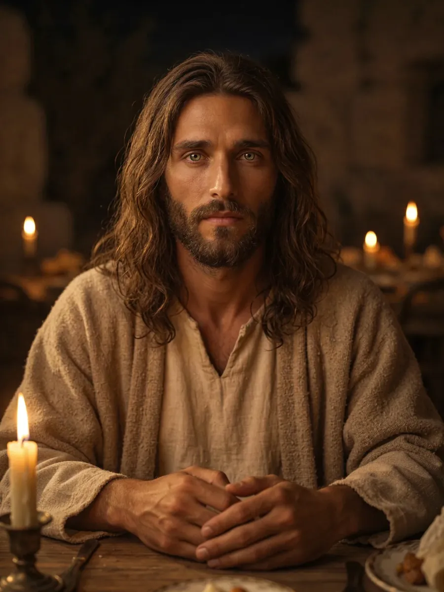 Jesus à mesa com velas acesas, imagem ilustrativa criada com inteligência artificial