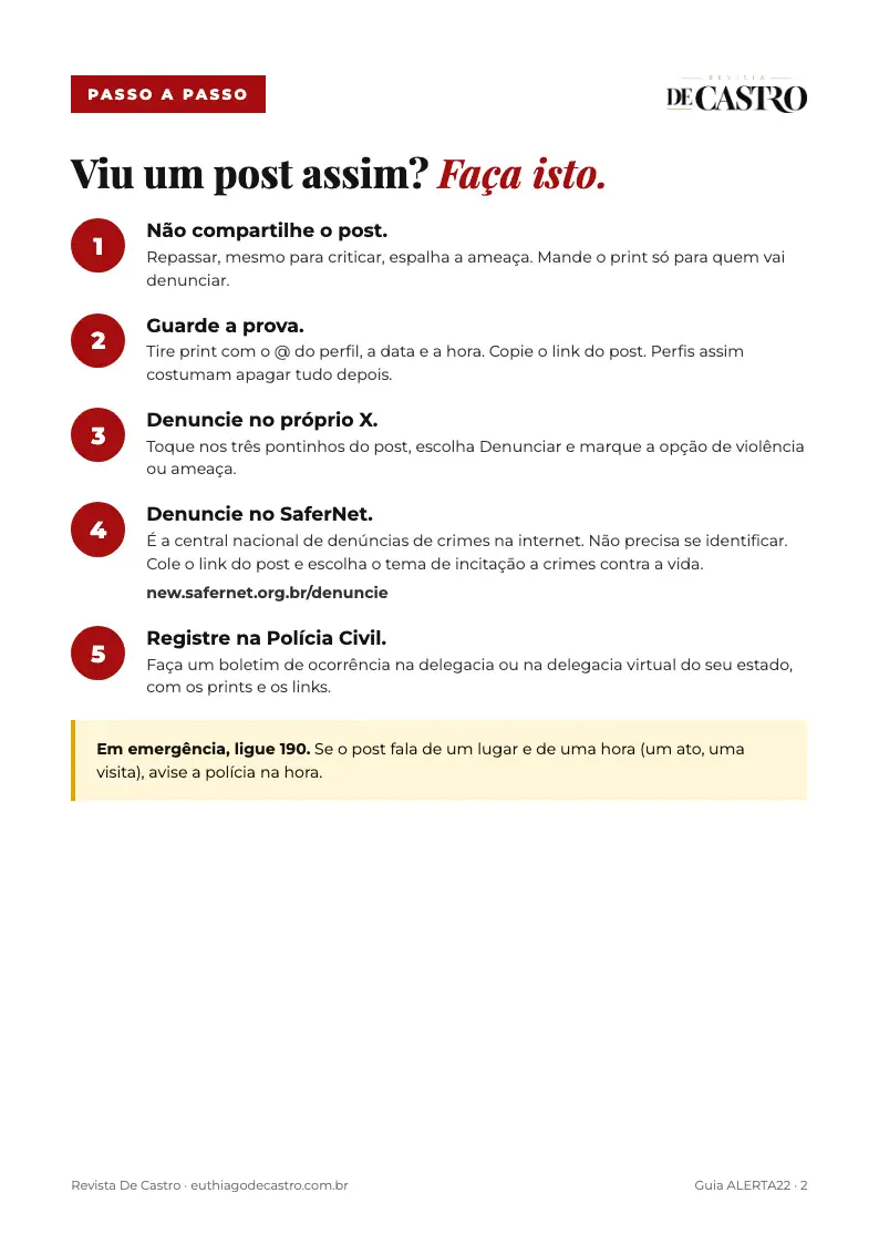 As páginas do guia ALERTA22: o passo a passo para denunciar