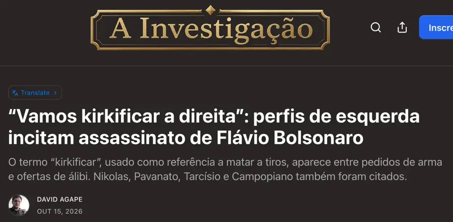 O título da reportagem de David Ágape no site A Investigação, 15/10/2026
