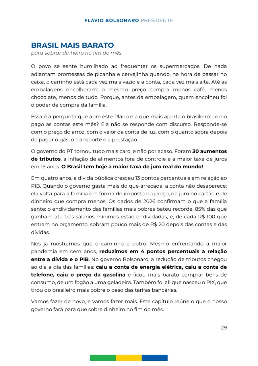 Página 29 do plano de governo de Flávio Bolsonaro, registrado no TSE: 85% das famílias que ganham até três salários mínimos estão endividadas