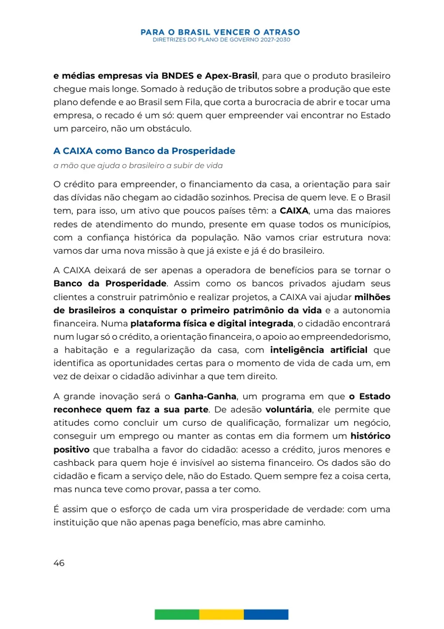 Página 46 do plano de governo de Flávio Bolsonaro, registrado no TSE: a Caixa como Banco da Prosperidade e o programa Ganha-Ganha