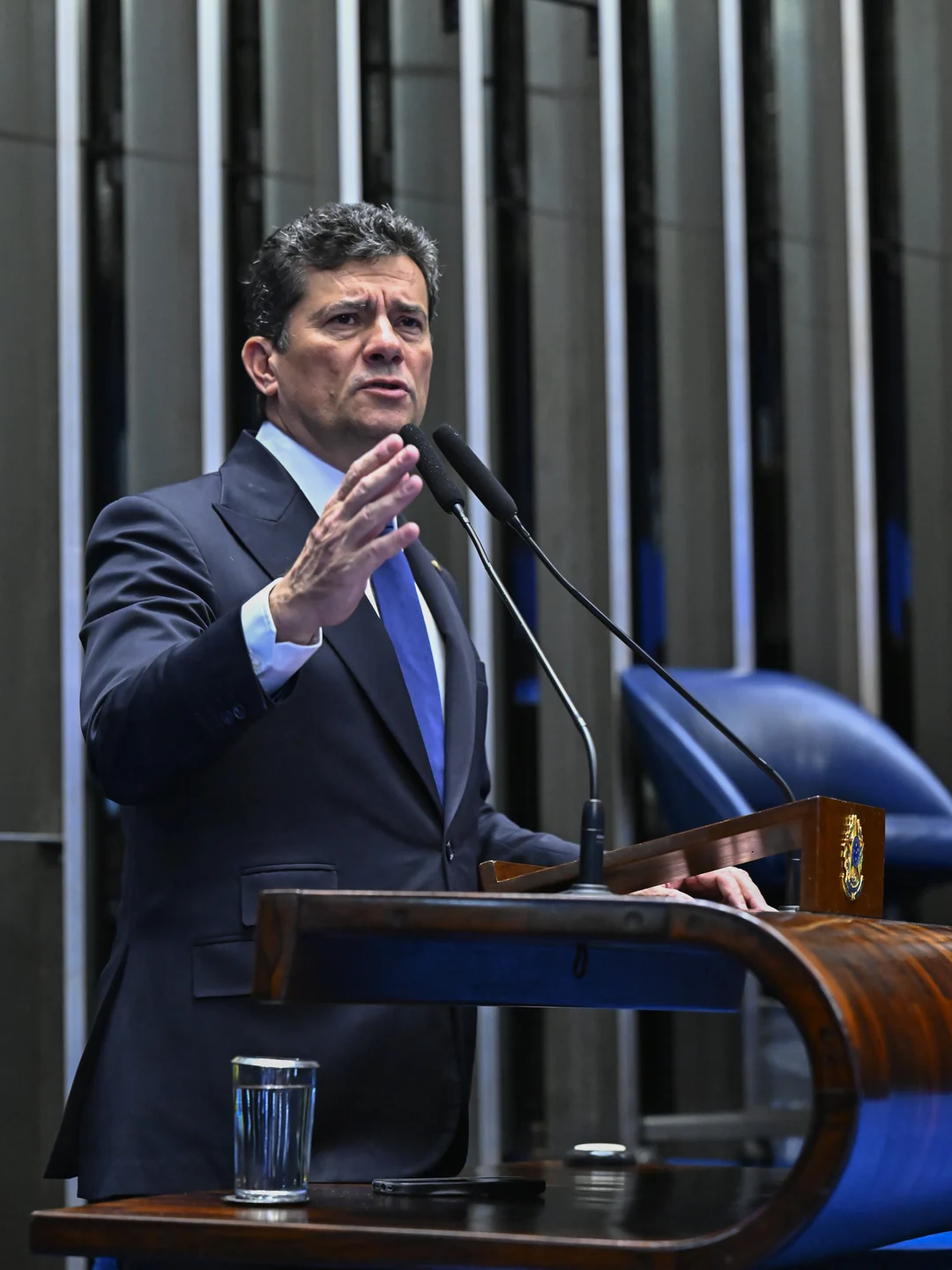 Sergio Moro na tribuna do Senado. Waldemir Barreto/Agência Senado (Senado Federal) / Wikimedia Commons, CC BY-SA 4.0