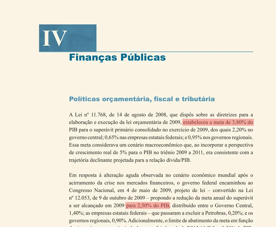 Relatório Anual do Banco Central de 2009, com os trechos grifados: a meta de 3,80% do PIB e a redução para 2,50% do PIB