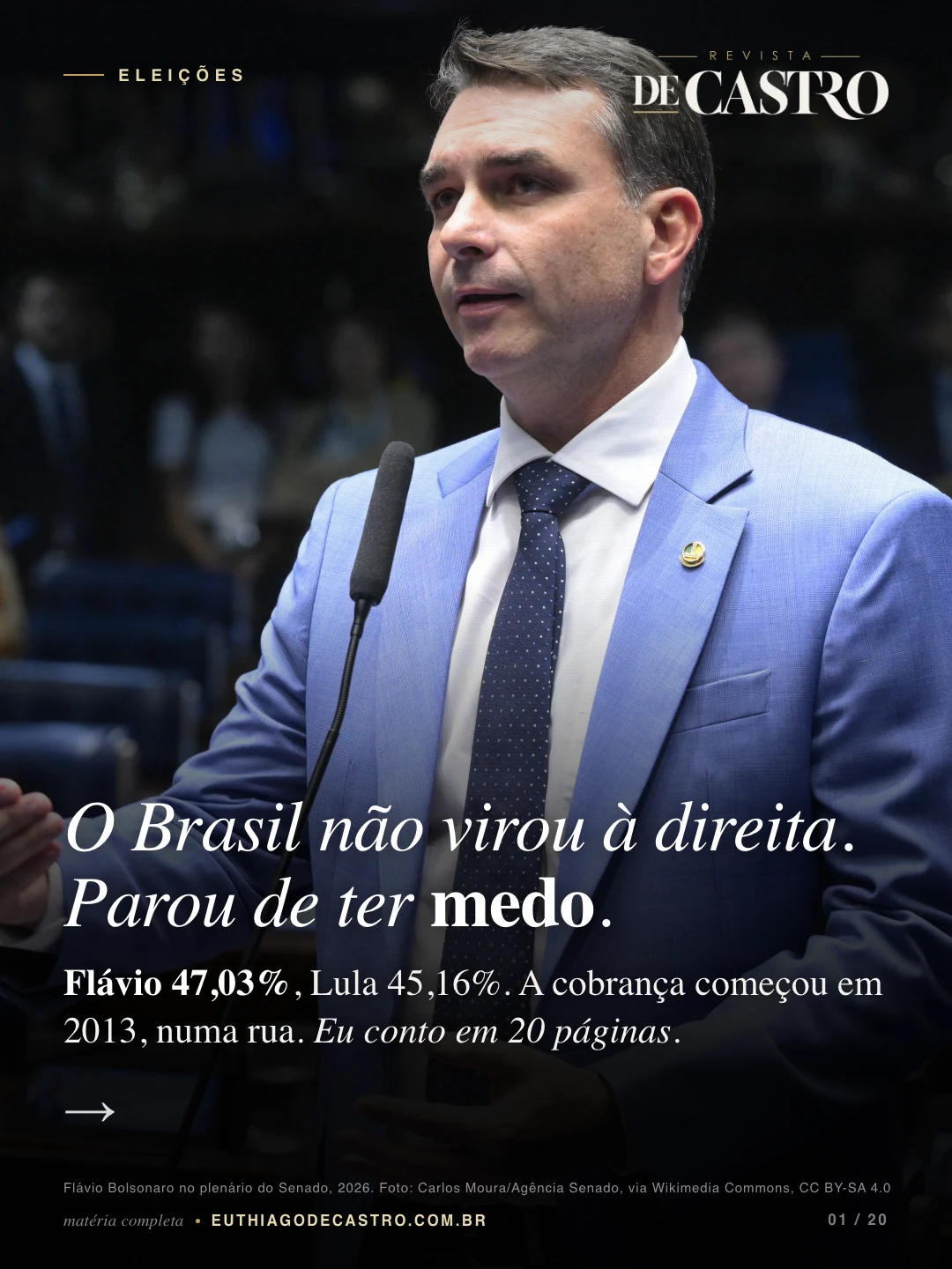 Flávio Bolsonaro no plenário do Senado, 2026. Carlos Moura/Agência Senado, via Wikimedia Commons, CC BY-SA 4.0
