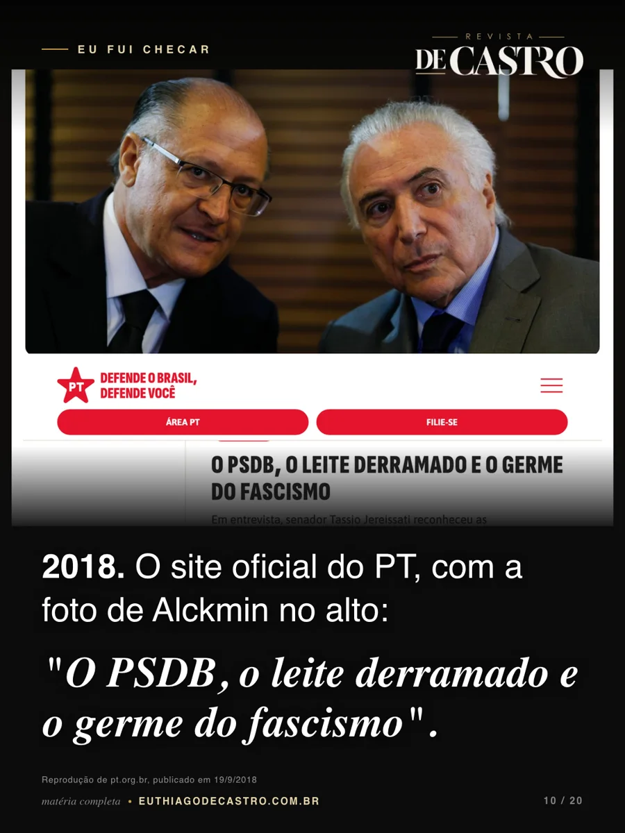 O site oficial do PT em 19 de setembro de 2018: a foto de Alckmin e Temer e o título sobre o germe do fascismo. Reprodução de pt.org.br