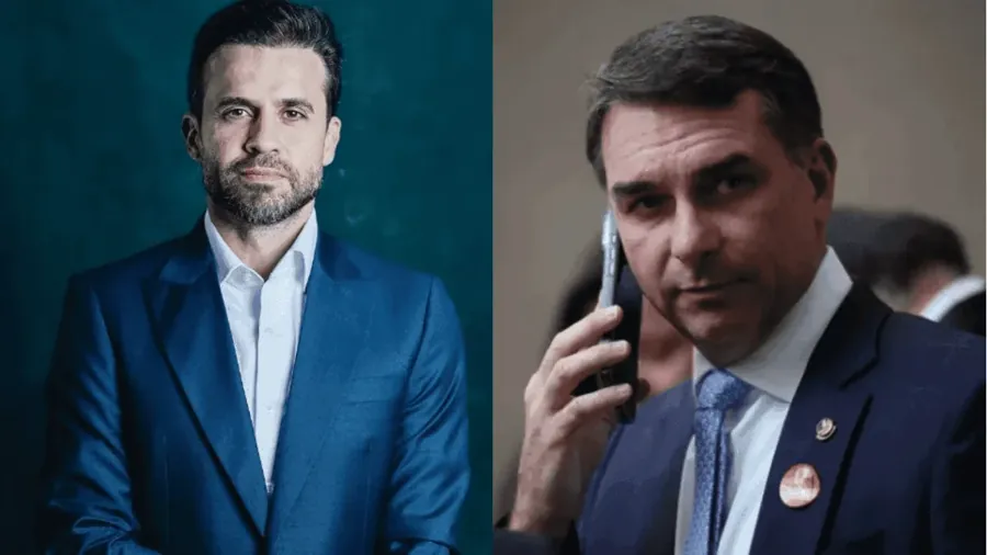 Pablo Marçal e Flávio Bolsonaro, na arte publicada pelo SBT News em 29 de setembro de 2026