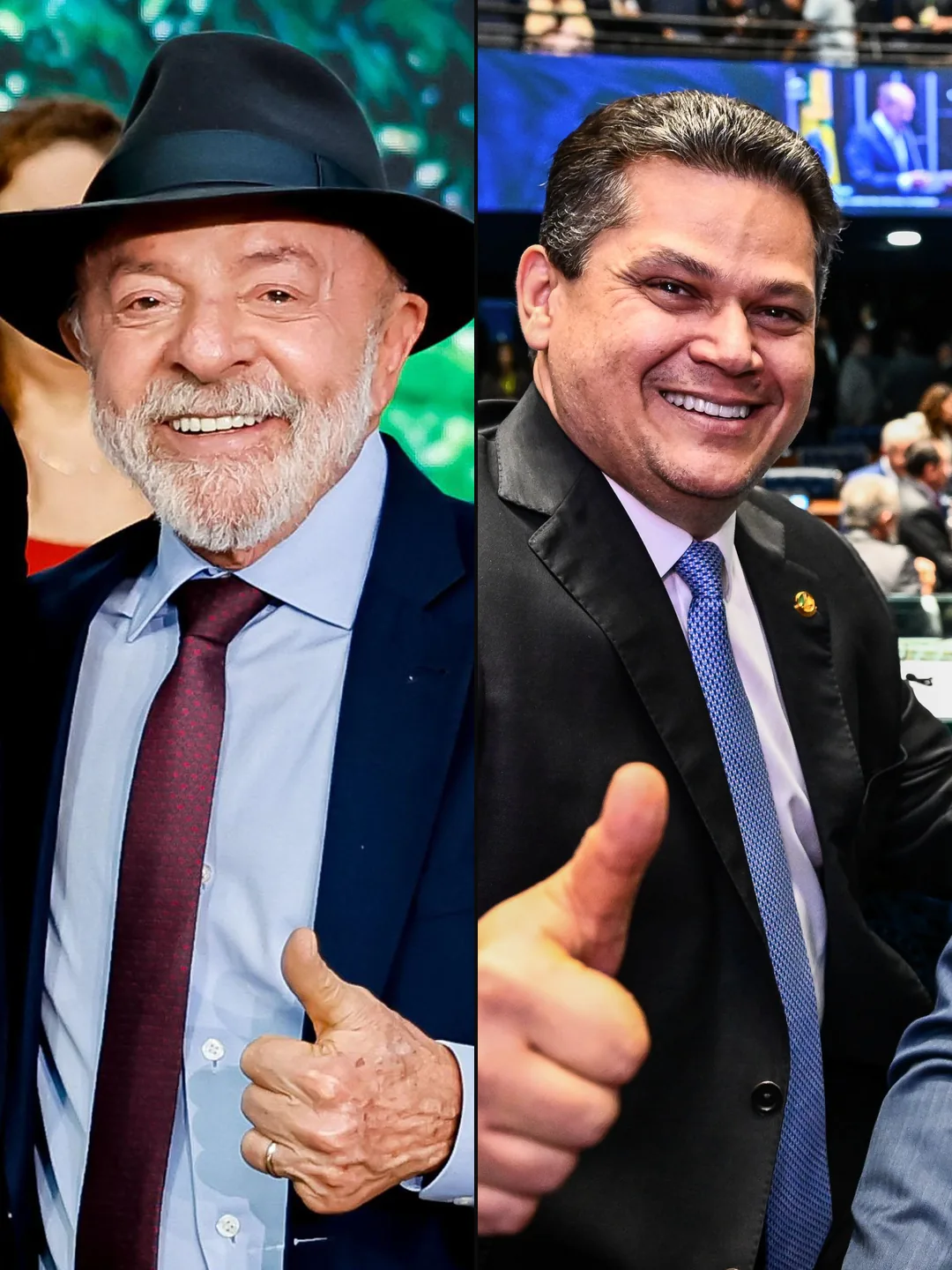 Lula no Planalto, 30/6/2026 (Ricardo Stuckert/PR, CC BY-SA 4.0), e Davi Alcolumbre no Senado, 14/10/2026 (Pedro Gontijo/Senado Federal, CC BY-SA 4.0)