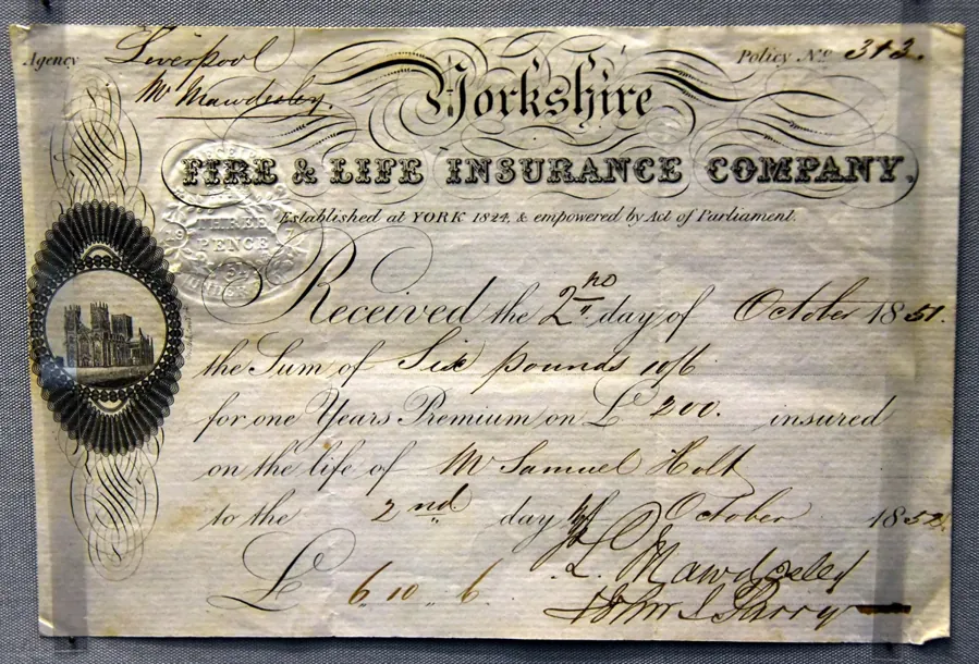 Apólice de seguro de vida de 1851, exposta no British Museum, em Londres