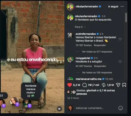 O post do Nikolas no Instagram às 15h40 de 20/10/2026: 5,2 milhões de curtidas e 781,7 mil comentários. Reprodução/Instagram