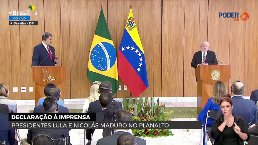 Lula e Nicolás Maduro na declaração à imprensa no Palácio do Planalto, em 29 de maio de 2023. Reprodução/TV Brasil, via Poder360