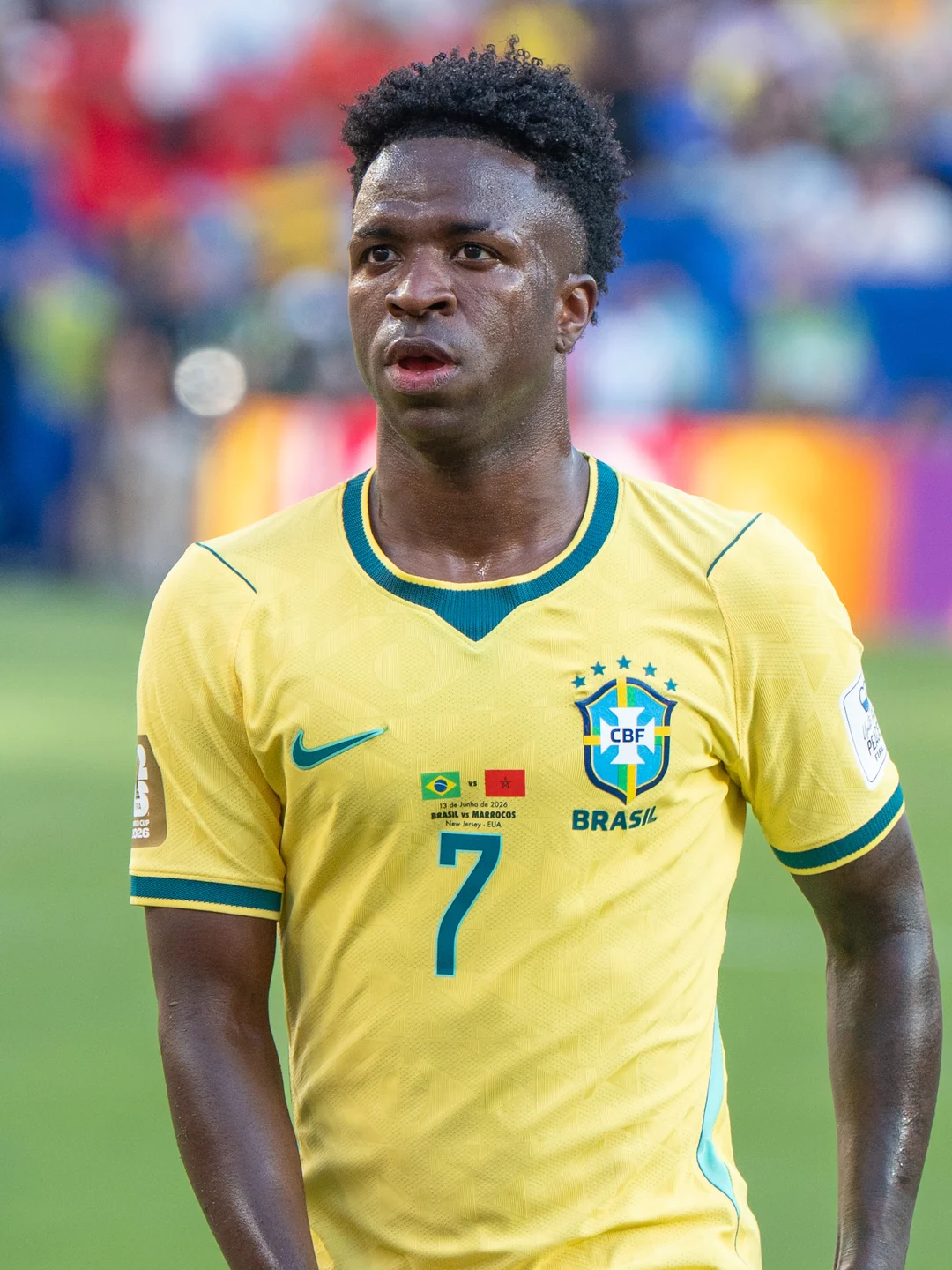 Vini Jr. em Brasil x Marrocos, Copa do Mundo de 2026. Bryan Berlin / Wikimedia Commons, CC BY-SA 4.0