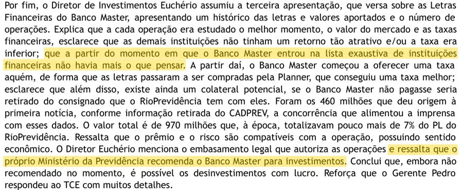 Trecho da ata do comitê de investimentos do RioPrevidência de 30 de outubro de 2024, página 2. Destaque em amarelo da Revista De Castro. Reprodução do documento público