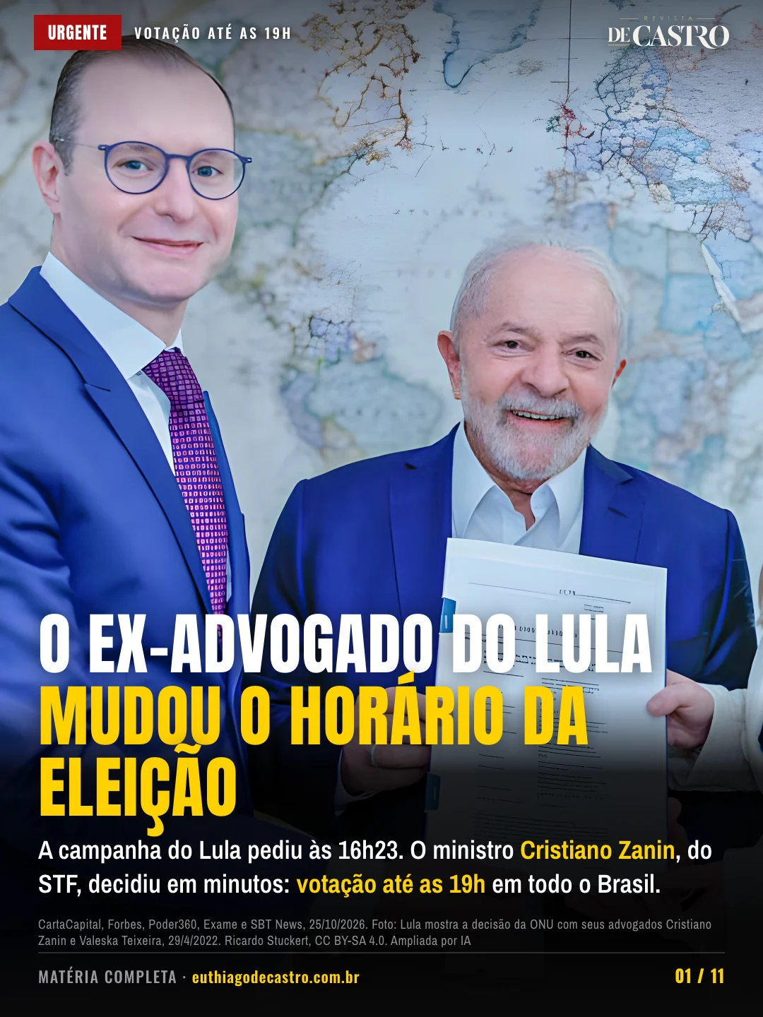 Lula com seus advogados Cristiano Zanin e Valeska Teixeira, 29/4/2022. Ricardo Stuckert, CC BY-SA 4.0. Ampliada por IA
