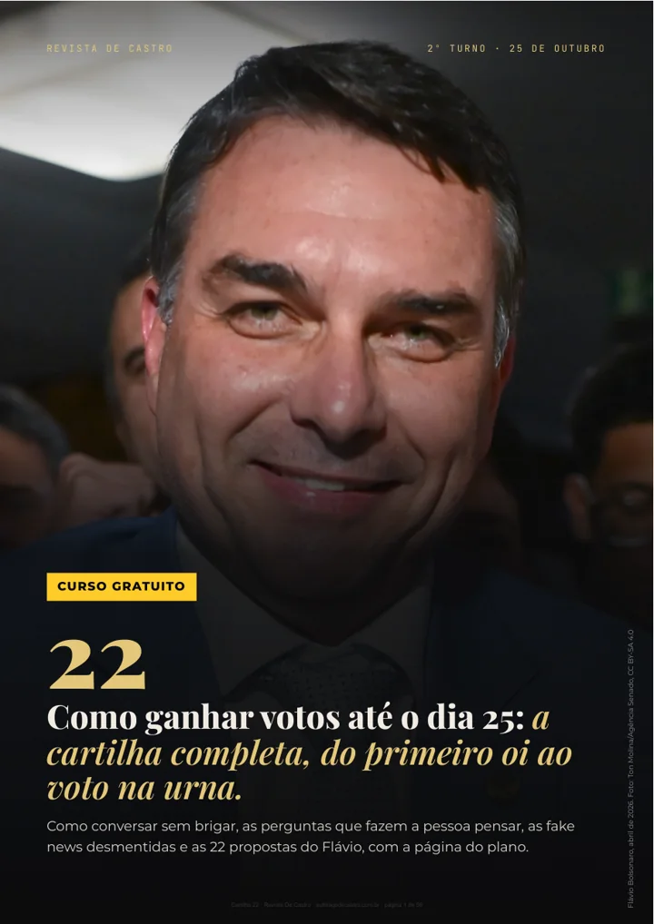 Capa da Cartilha 22, curso gratuito da Revista De Castro, com Flávio Bolsonaro sorrindo