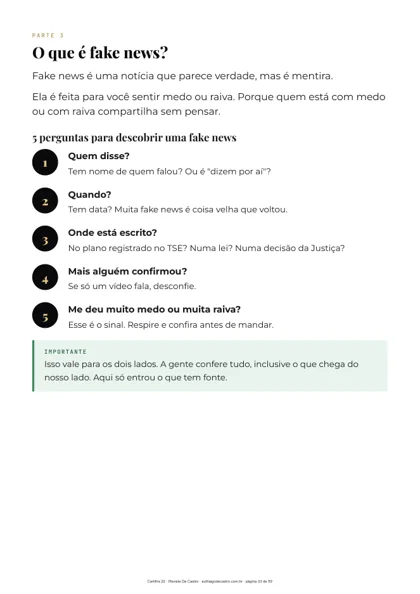 Página da cartilha com uma fake news, por que é mentira e a verdade