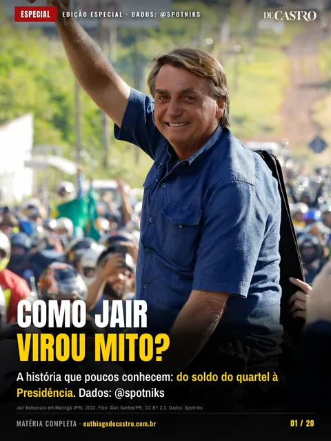 Capa da Revista De Castro: Jair Bolsonaro acena para a multidão, com a pergunta Como Jair virou mito?