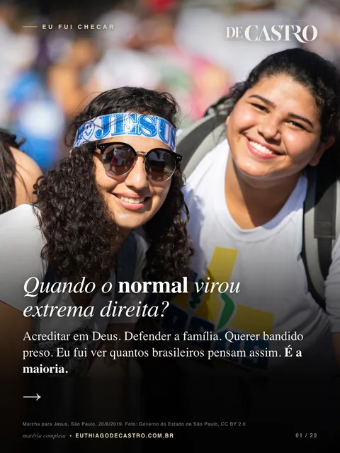 Capa da Revista De Castro: duas jovens sorrindo na Marcha para Jesus, com a pergunta Quando o normal virou extrema direita?