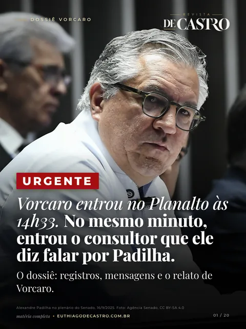 Capa da Revista De Castro com a tarja URGENTE: Vorcaro entrou no Planalto às 14h33