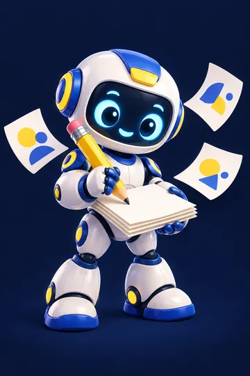 Robô ajudante escrevendo com um lápis amarelo