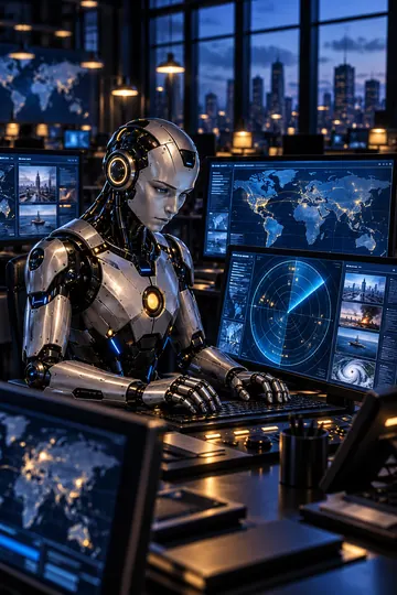 Robô Radar vigiando as notícias em vários monitores