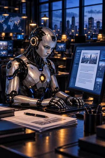 Robô Redator escrevendo a reportagem no computador
